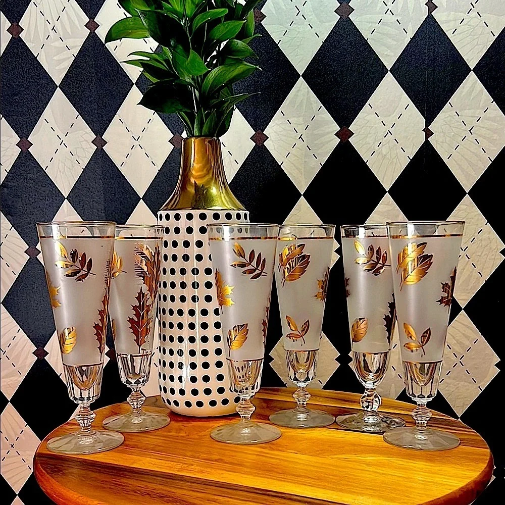 Vintage Libbey 22k Gold Maple Foliage Pilsner Glasses Set of 6| Mid Century Bar - Picture 6 of 17